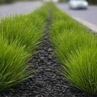 Green ornamental grasses planted in two neat rows on a mulched central reservation dividing a road; a blurred car is visible in the background.