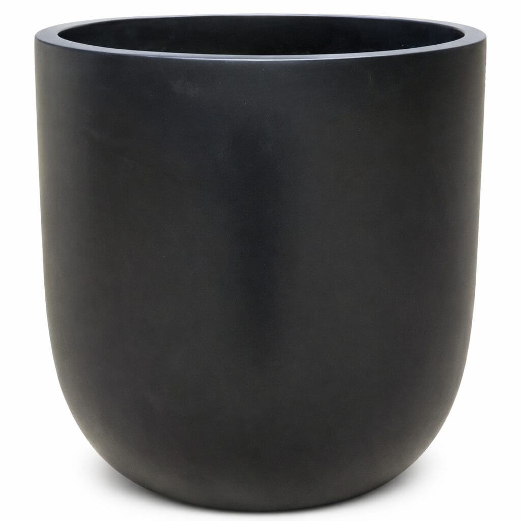 A large, round, matt black plant pot with a smooth surface, shown against a white background.