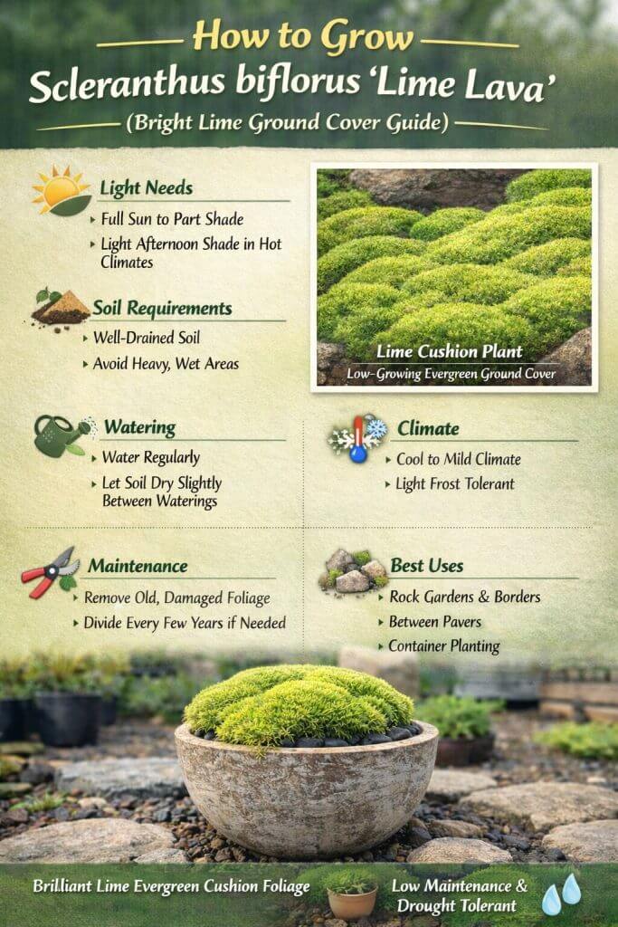 Guide for growing Contemporary Stylish Plants like Scleranthus biflorus ‘Lime Lava’ includes care tips, ideal soil and climate, watering needs, maintenance, and best landscape uses, with images of lime green cushion plants.