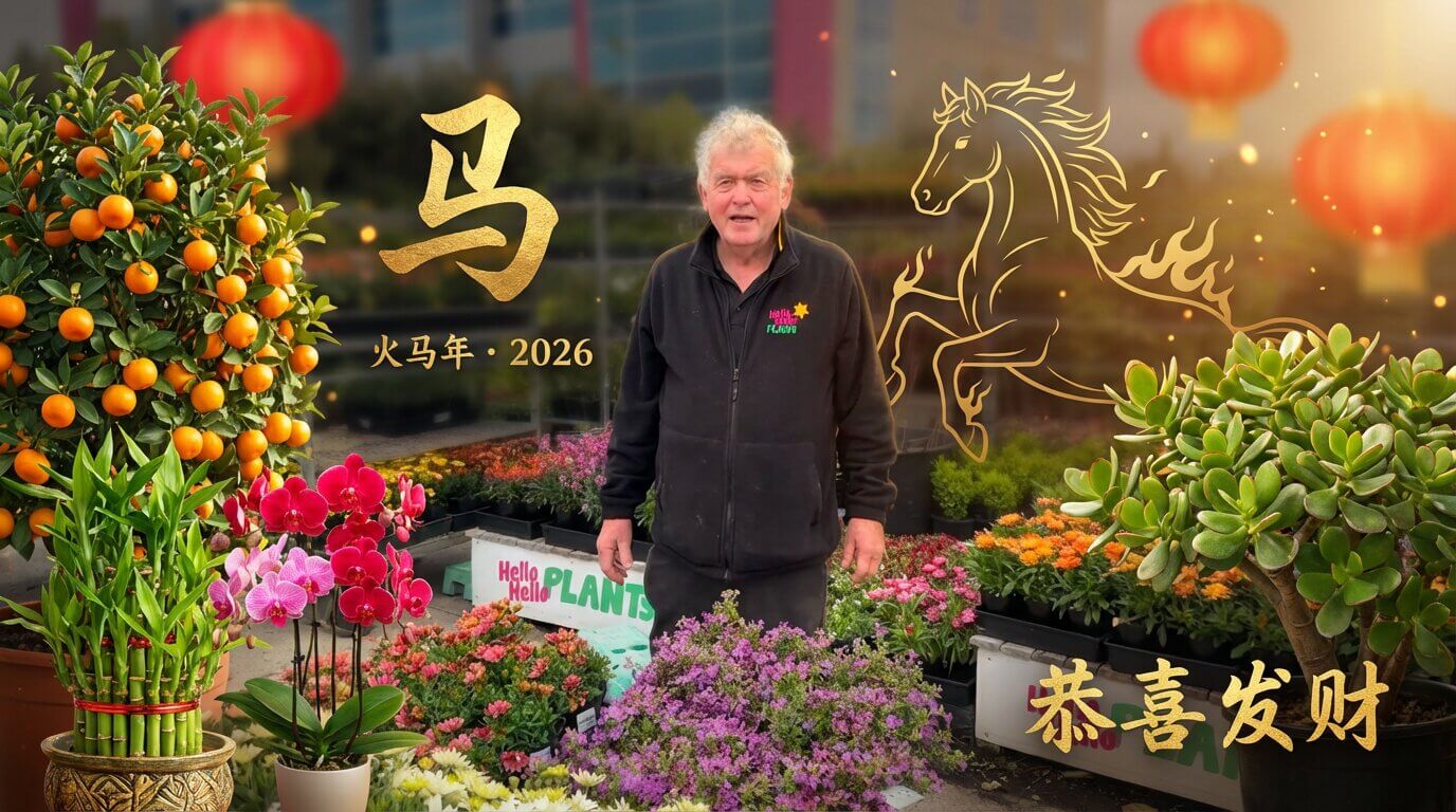 A man stands in front of colourful flowers and plants with gold Chinese zodiac symbols, a horse illustration, and lanterns at the Holiday Plant Sale, celebrating the Year of the Fire Horse 2026.