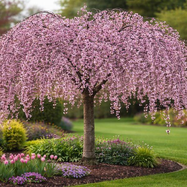 A weeping cherry tree with pink blossoms stands in a landscaped garden with tulips, green grass, and shrubs in the background.