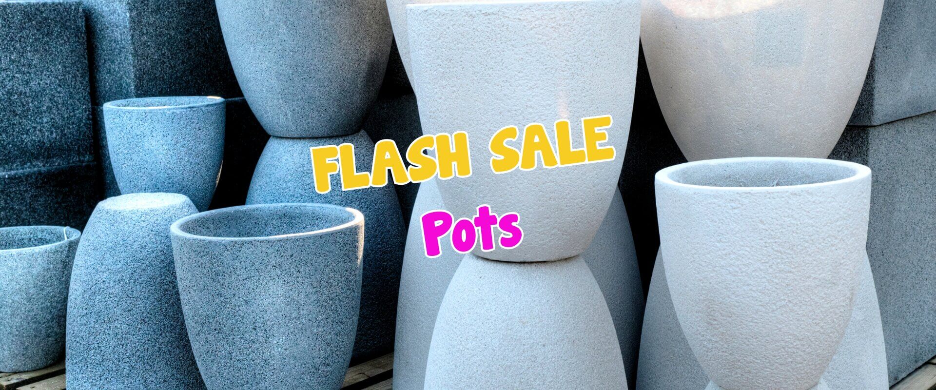 Several large stone pots are stacked outdoors with the words "FLASH SALE Pots" in colourful text across the image, highlighting an exciting plant auction sale event.