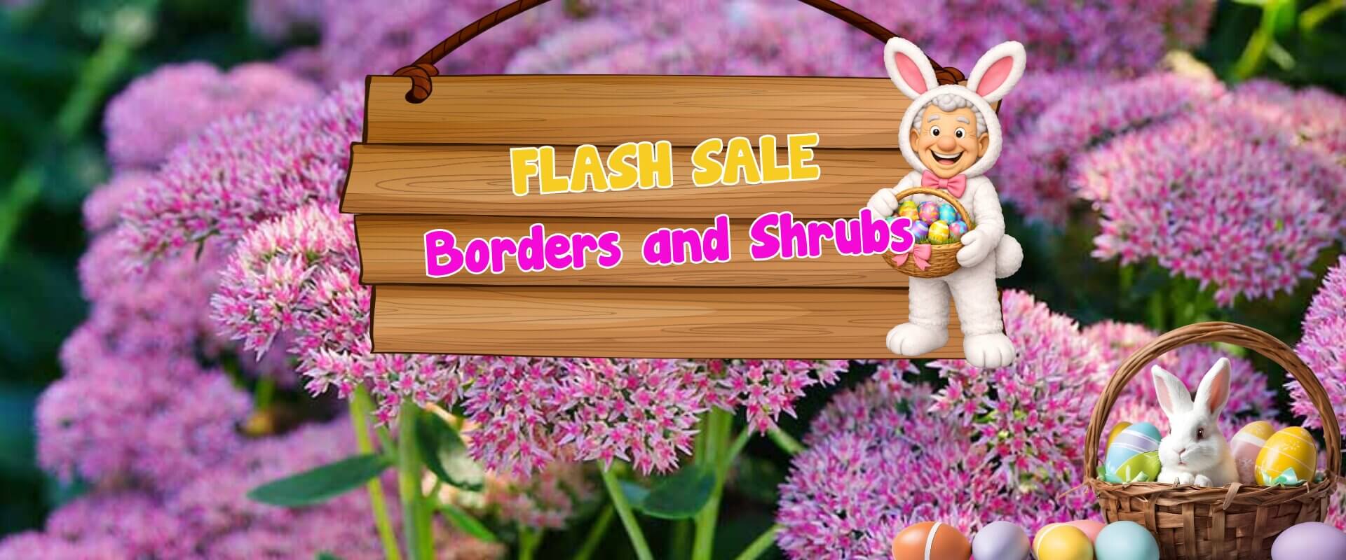 Wooden sign reads "FLASH SALE Borders and Shrubs" with a cartoon bunny holding eggs; background features pink flowers, a basket with a rabbit, colourful eggs, and hints of a lively plant auction sale atmosphere.