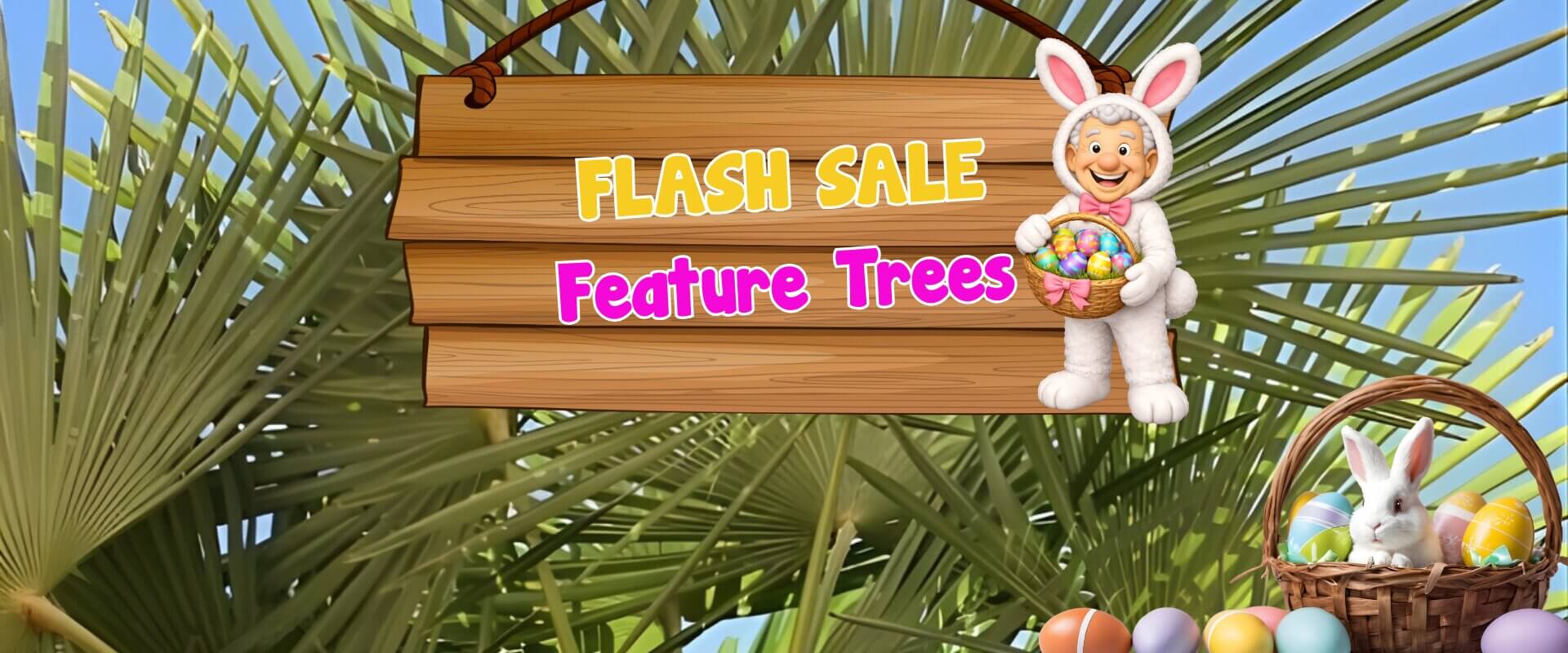 Wooden sign reading "Flash Sale Feature Trees" hangs over palm leaves, with a person in a bunny costume, basket of eggs, and a white rabbit in the corner—perfect for your next plant auction sale event.
