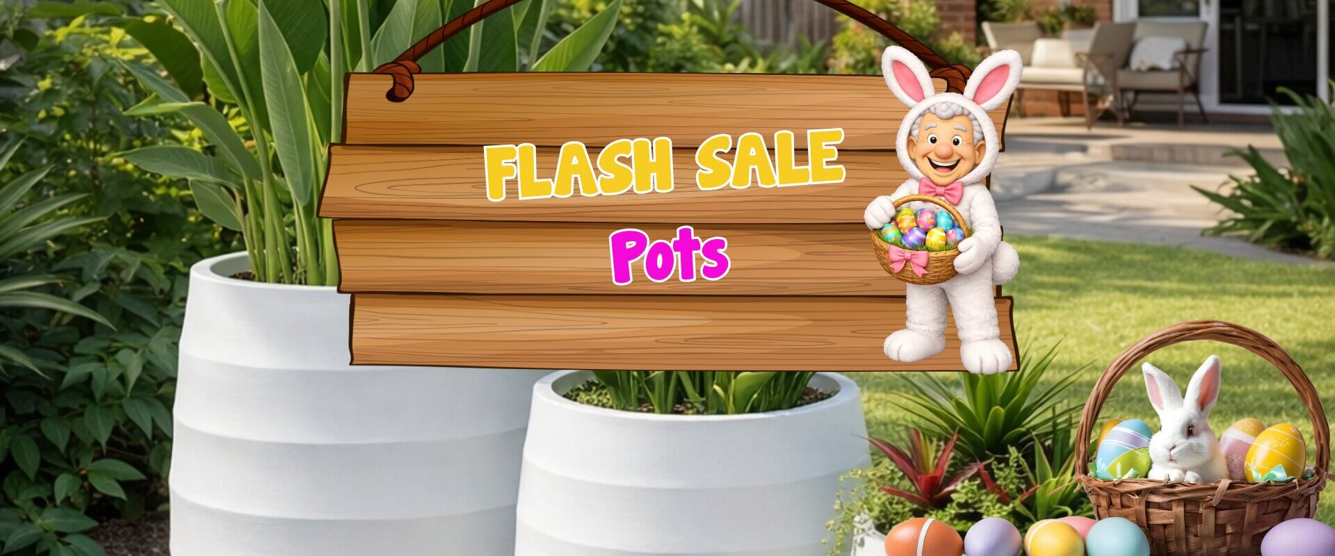 Wooden sign reads "Flash Sale Pots" with an Easter bunny character. White pots, plants, and a basket with eggs and a rabbit are in the background, hinting at a special plant auction sale event.