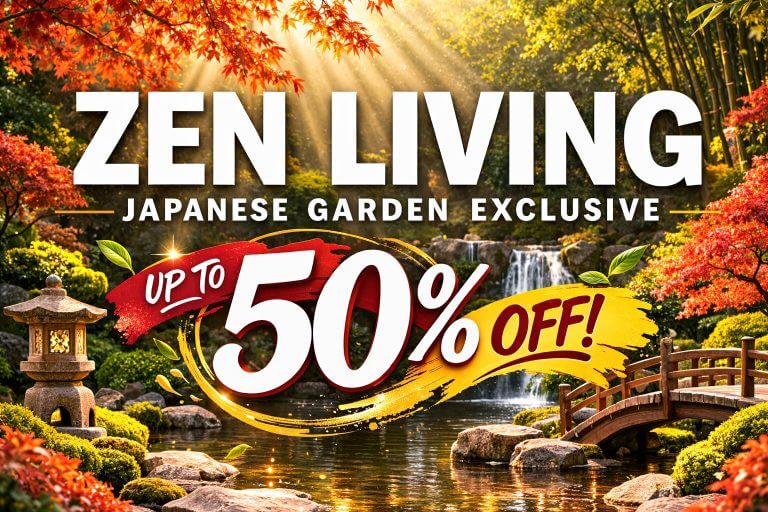 A Japanese Garden Exclusive: Stroll a wooden bridge among autumn foliage and a stone lantern—discover Zen Living’s Japanese garden collection, now up to 50% off.