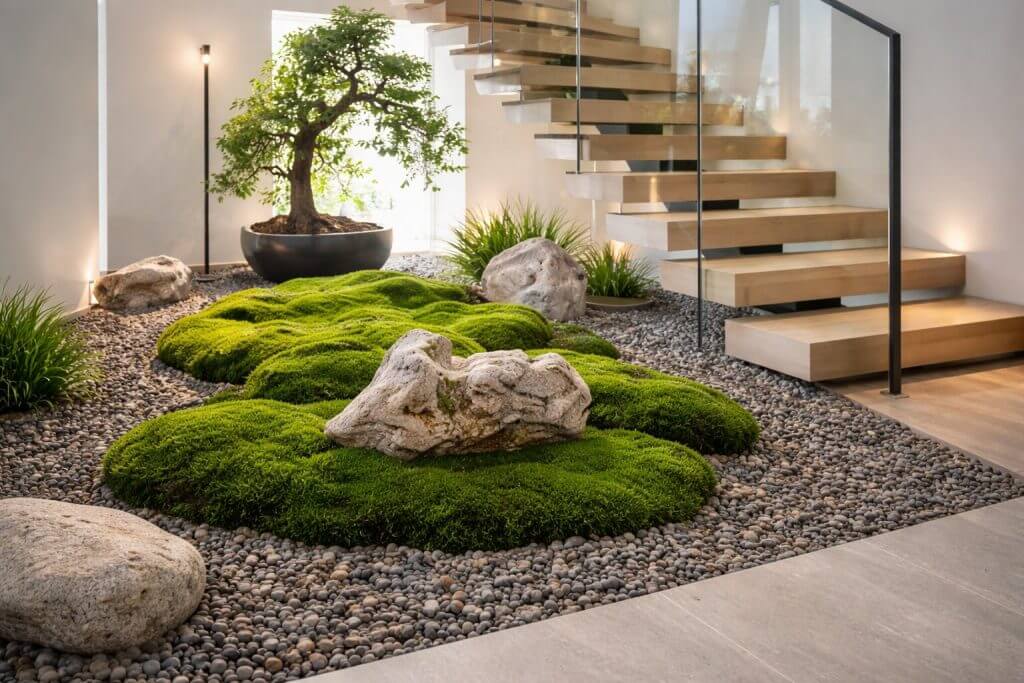 Modern indoor space with a minimalist Japanese Garden-inspired rock garden, featuring moss, stones, a small tree, and floating wooden stairs with glass balustrade for true Zen Living.